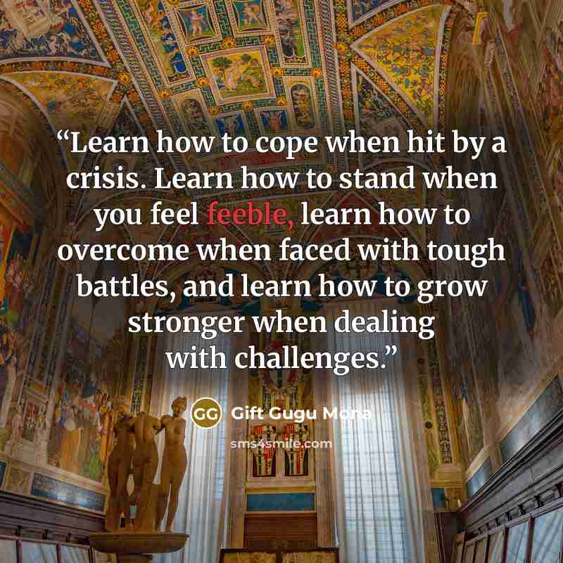 “Learn how to cope when hit by a crisis. Learn how to stand when you feel feeble, learn how to overcome when faced with tough battles, and learn how to grow stronger when dealing with challenges.” quote by Gift Gugu Mona