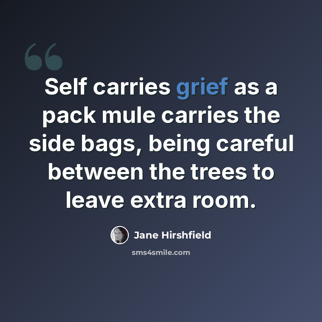 “Self carries grief as a pack mule carries the side bags, being careful between the trees to leave extra room.” quote by Jane Hirshfield