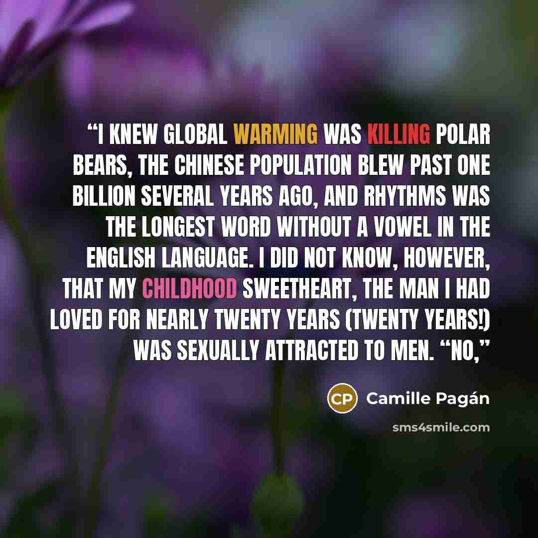“I knew global warming was killing polar bears, the Chinese population blew past one billion several years ago, and rhythms was the longest word without a vowel in the English language. I did not know, however, that my childhood sweetheart, the man I had loved for nearly twenty years (twenty…” quote by Camille Pagán