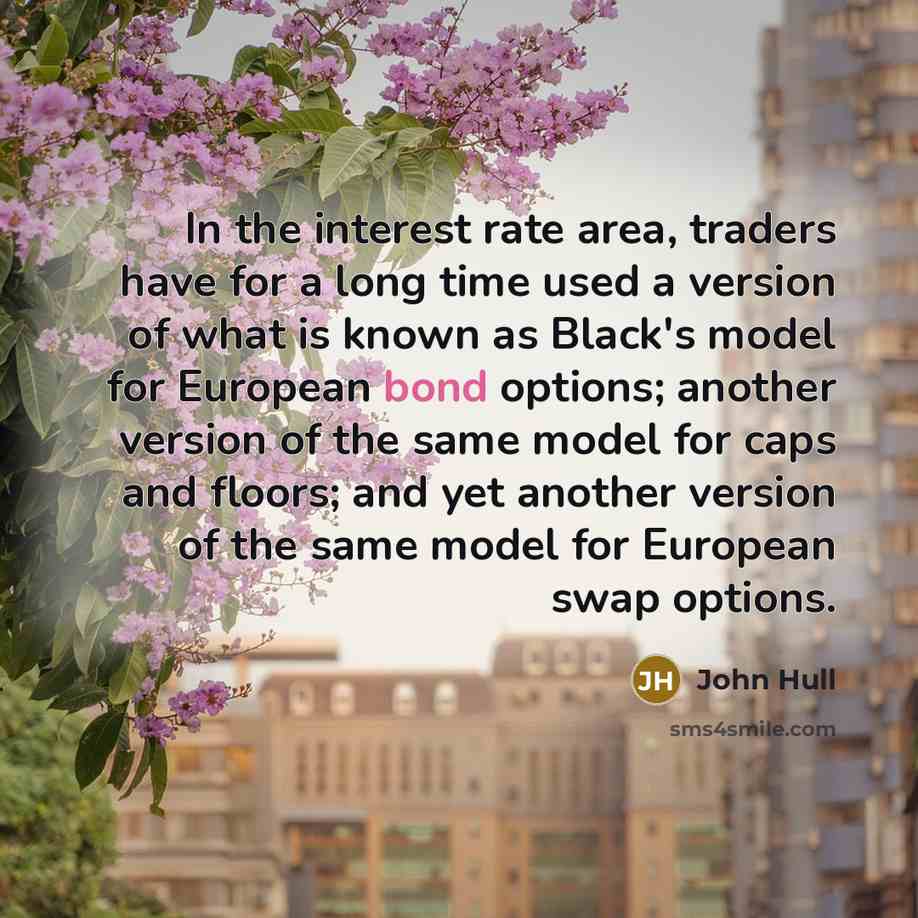 “In the interest rate area, traders have for a long time used a version of what is known as Black's model for European bond options; another version of the same model for caps and floors; and yet another version of the same model for European swap options.” quote by John Hull