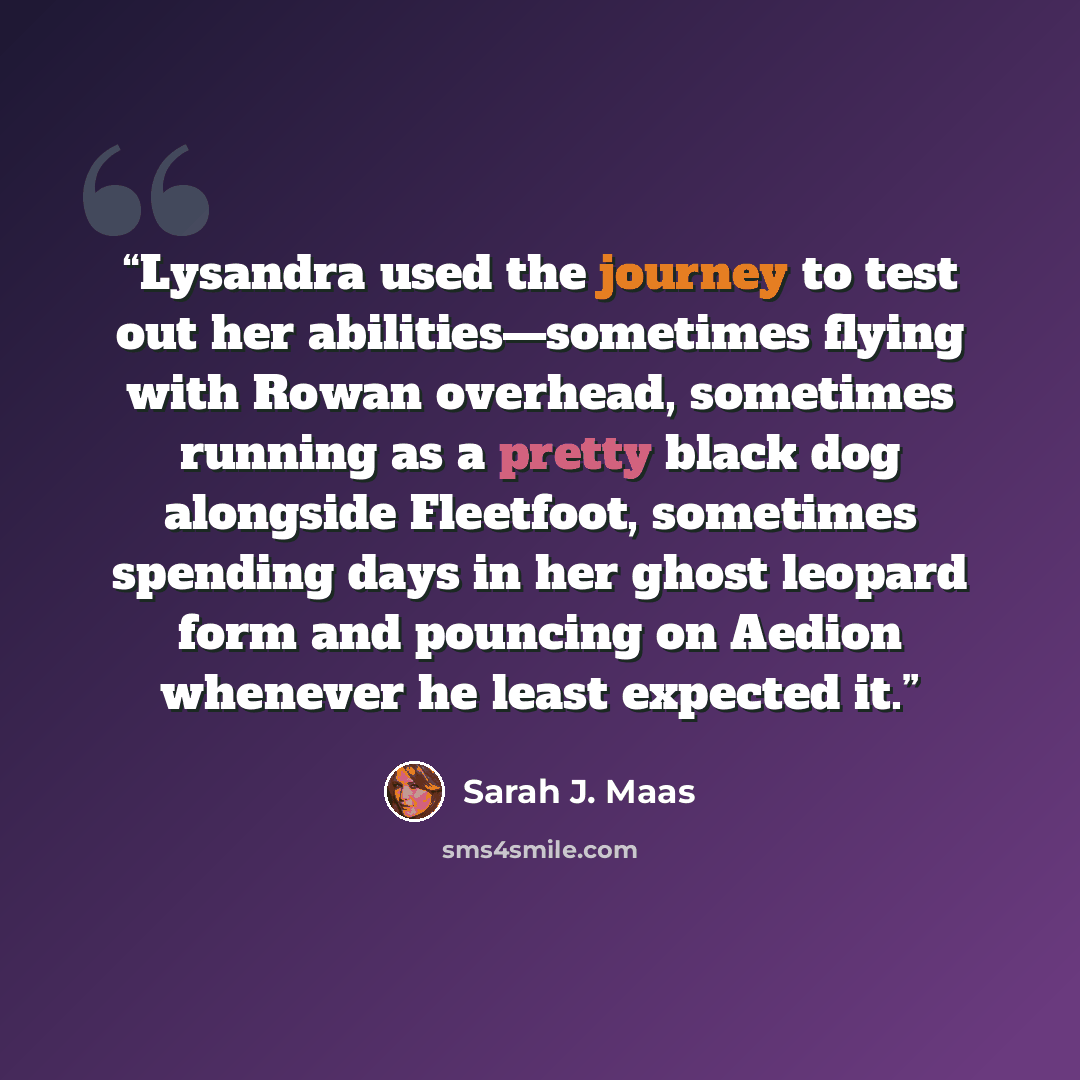 “Lysandra used the journey to test out her abilities—sometimes flying with Rowan overhead, sometimes running as a pretty black dog alongside Fleetfoot, sometimes spending days in her ghost leopard form and pouncing on Aedion whenever he least expected it.” quote by Sarah J. Maas