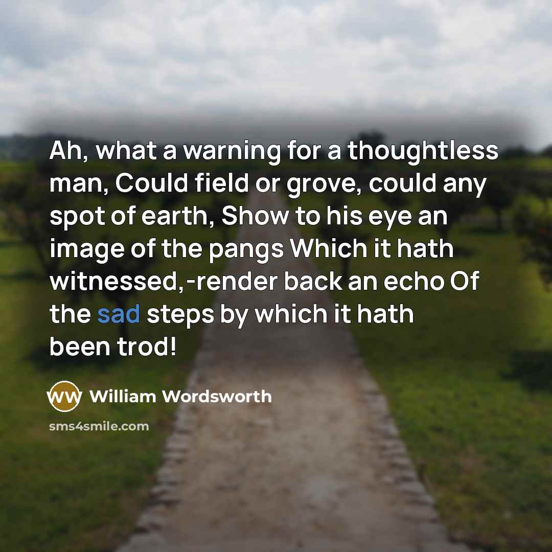 “Ah, what a warning for a thoughtless man, Could field or grove, could any spot of earth, Show to his eye an image of the pangs Which it hath witnessed,-render back an echo Of the sad steps by which it hath been trod!” quote by William Wordsworth
