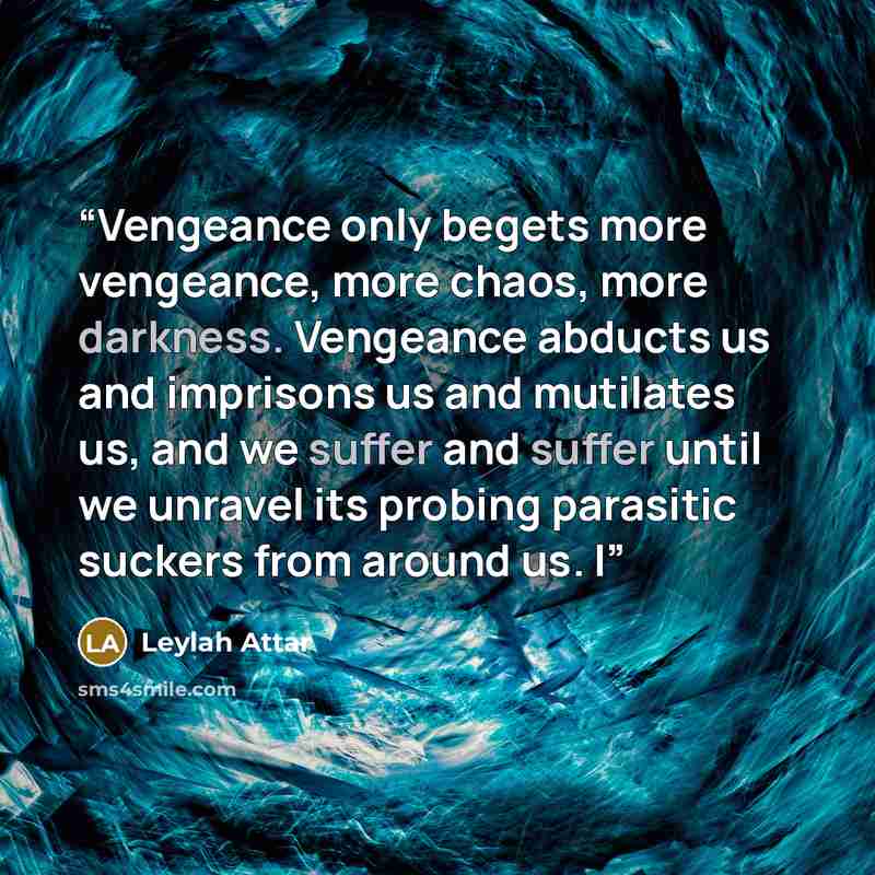 “Vengeance only begets more vengeance, more chaos, more darkness. Vengeance abducts us and imprisons us and mutilates us, and we suffer and suffer until we unravel its probing parasitic suckers from around us. I” quote by Leylah Attar