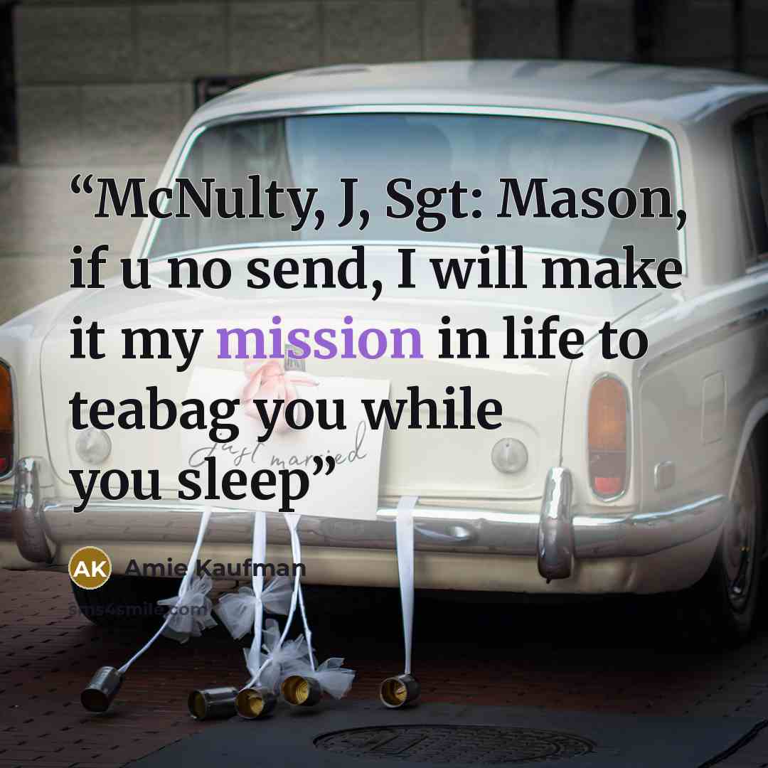 “McNulty, J, Sgt: Mason, if u no send, I will make it my mission in life to teabag you while you sleep” quote by Amie Kaufman