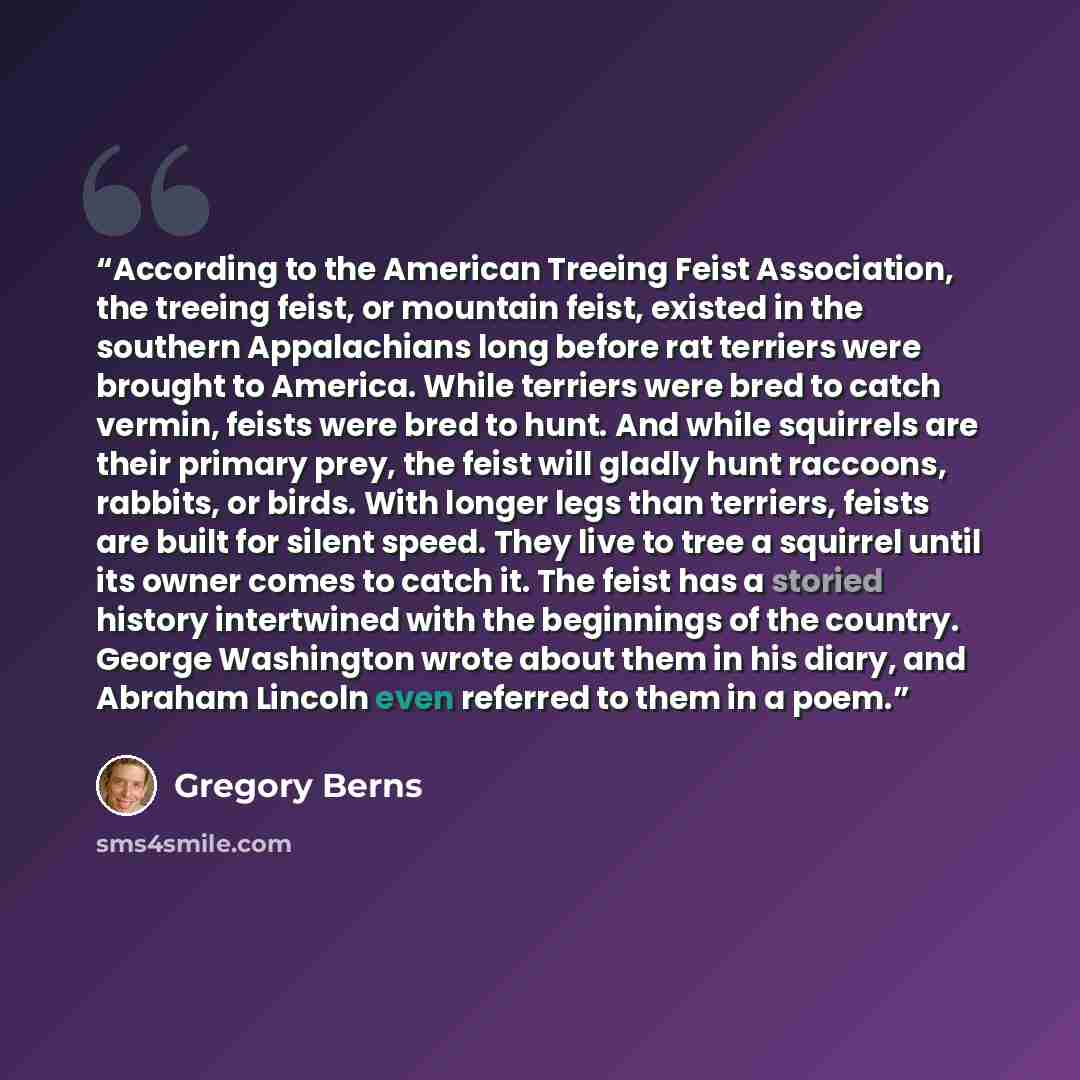 “According to the American Treeing Feist Association, the treeing feist, or mountain feist, existed in the southern Appalachians long before rat terriers were brought to America. While terriers were bred to catch vermin, feists were bred to hunt. And while squirrels are their primary prey, the…” quote by Gregory Berns