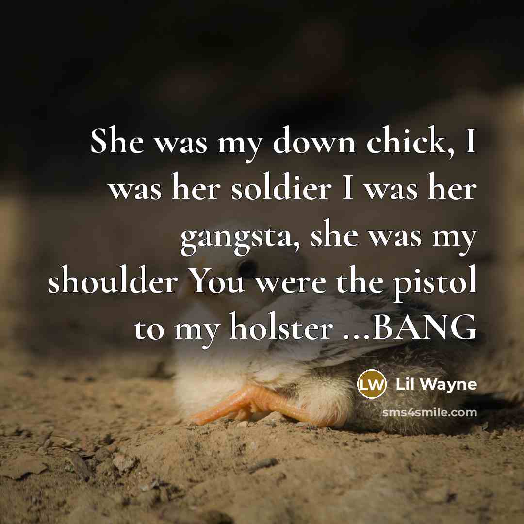 “She was my down chick, I was her soldier I was her gangsta, she was my shoulder You were the pistol to my holster ...BANG” quote by Lil Wayne