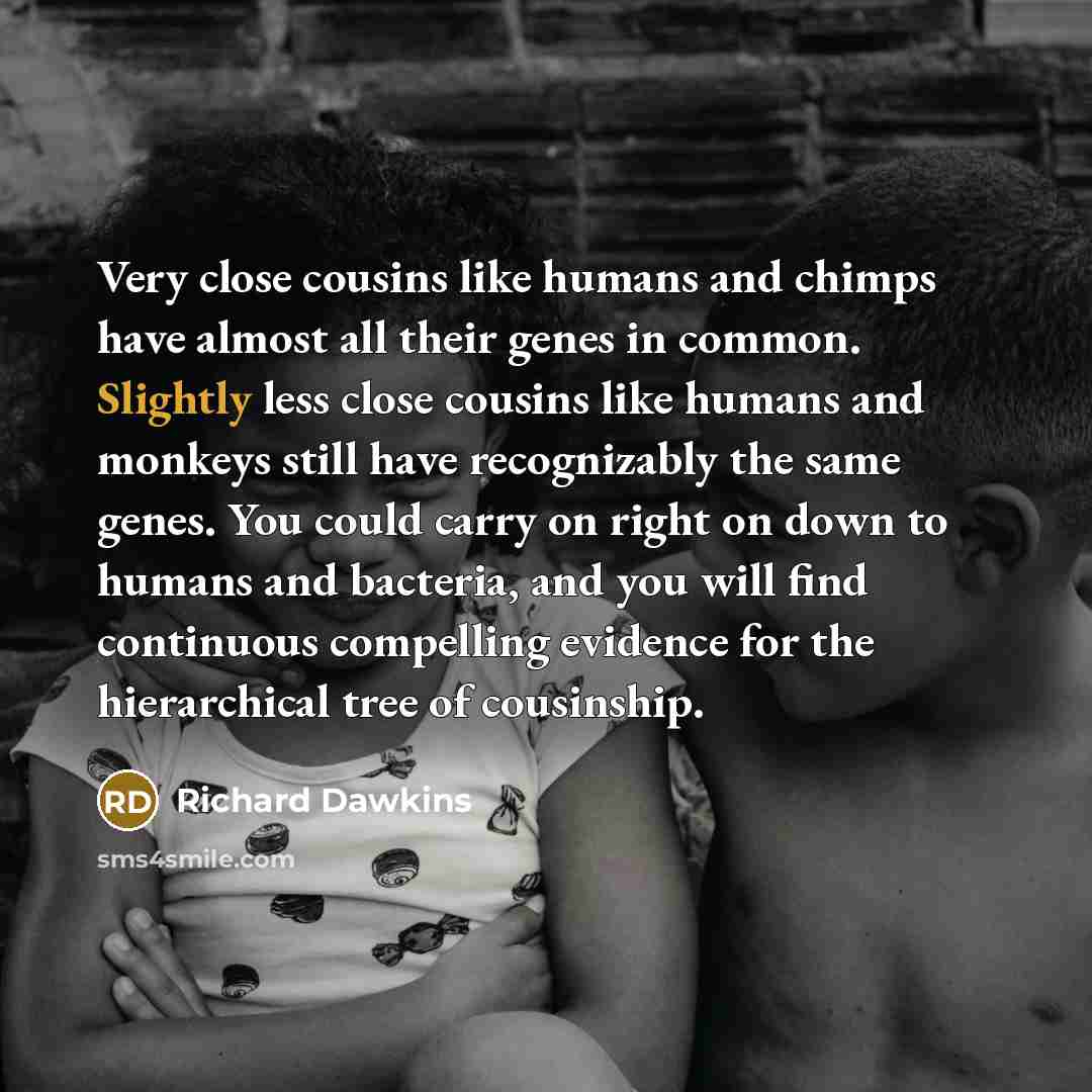 “Very close cousins like humans and chimps have almost all their genes in common. Slightly less close cousins like humans and monkeys still have recognizably the same genes. You could carry on right on down to humans and bacteria, and you will find continuous compelling evidence for the…” quote by Richard Dawkins