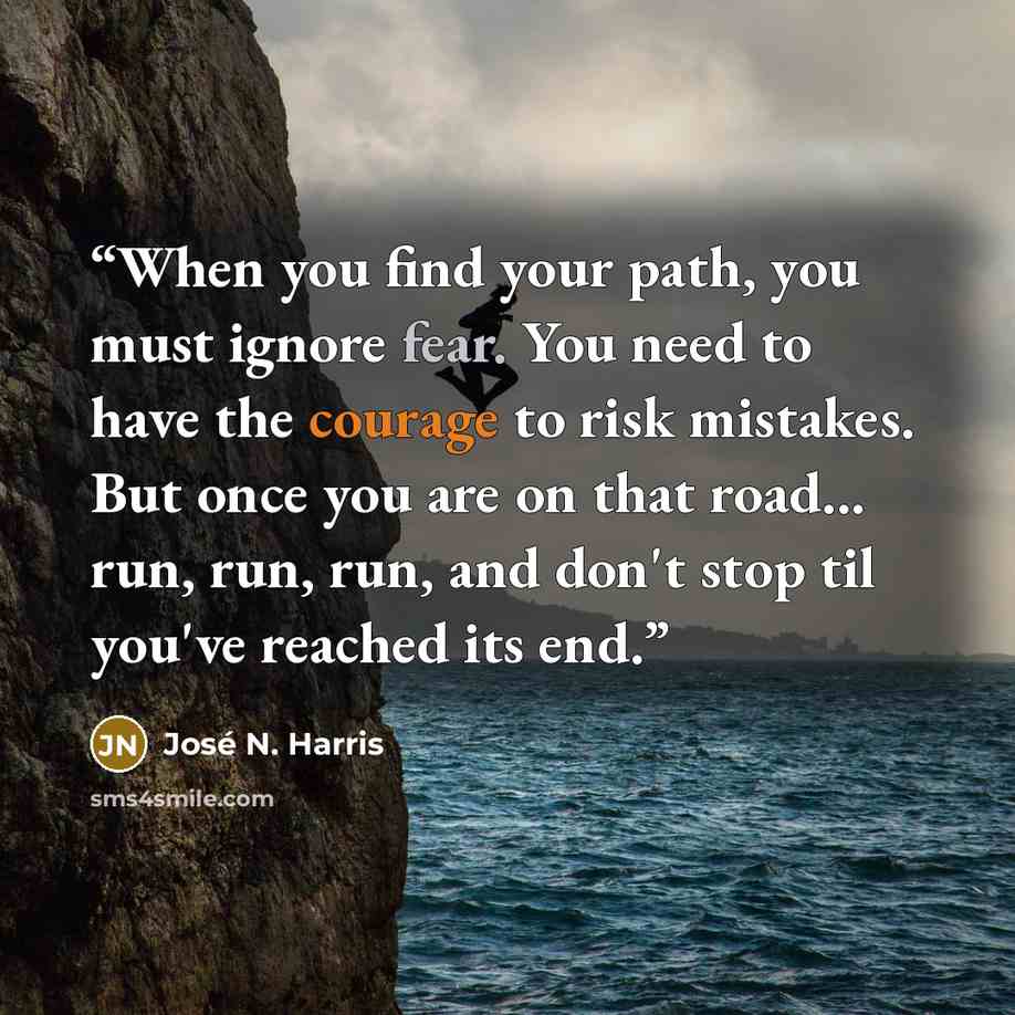 “When you find your path, you must ignore fear. You need to have the courage to risk mistakes. But once you are on that road... run, run, run, and don't stop til you've reached its end.” quote by José N. Harris
