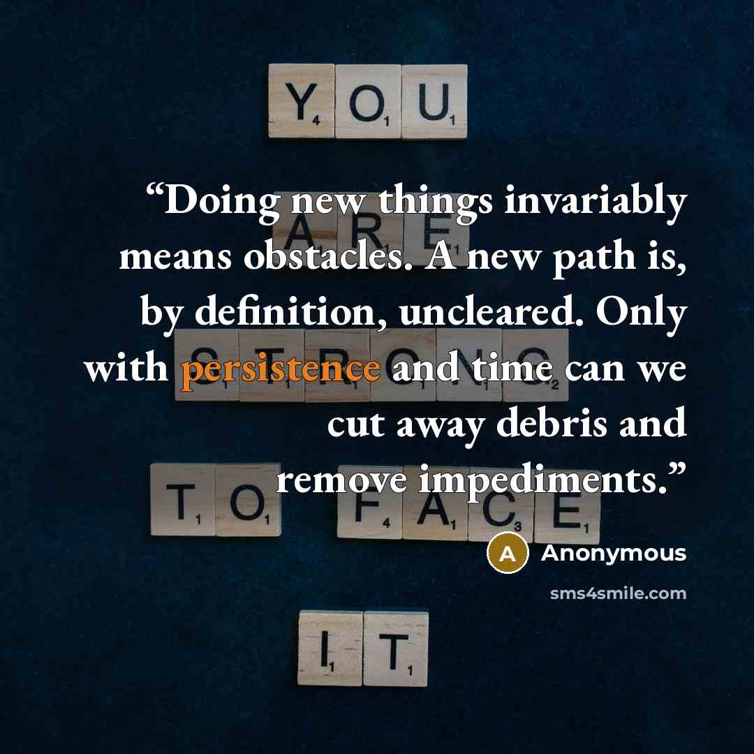 “Doing new things invariably means obstacles. A new path is, by definition, uncleared. Only with persistence and time can we cut away debris and remove impediments.” quote by Anonymous