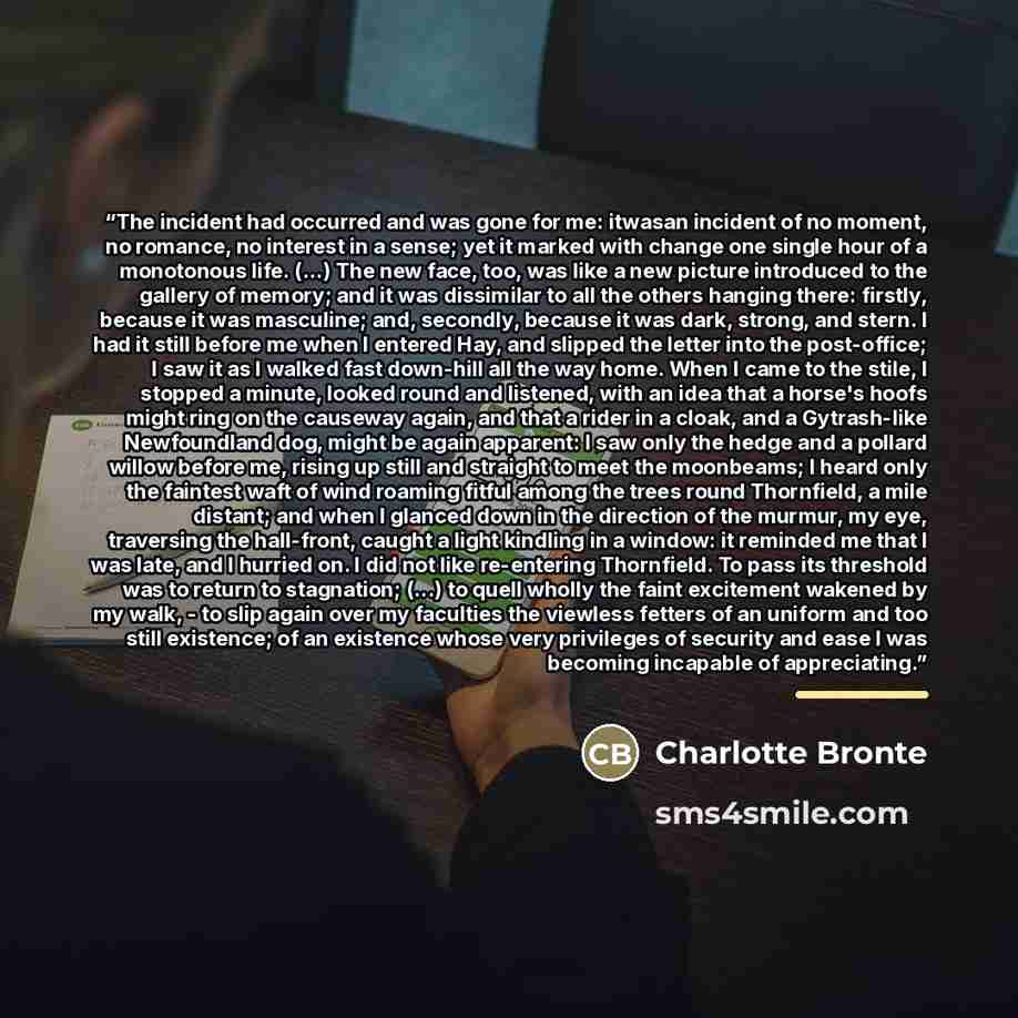 “The incident had occurred and was gone for me: itwasan incident of no moment, no romance, no interest in a sense; yet it marked with change one single hour of a monotonous life. (...) The new face, too, was like a new picture introduced to the gallery of memory; and it was dissimilar to all the…” quote by Charlotte Brontë