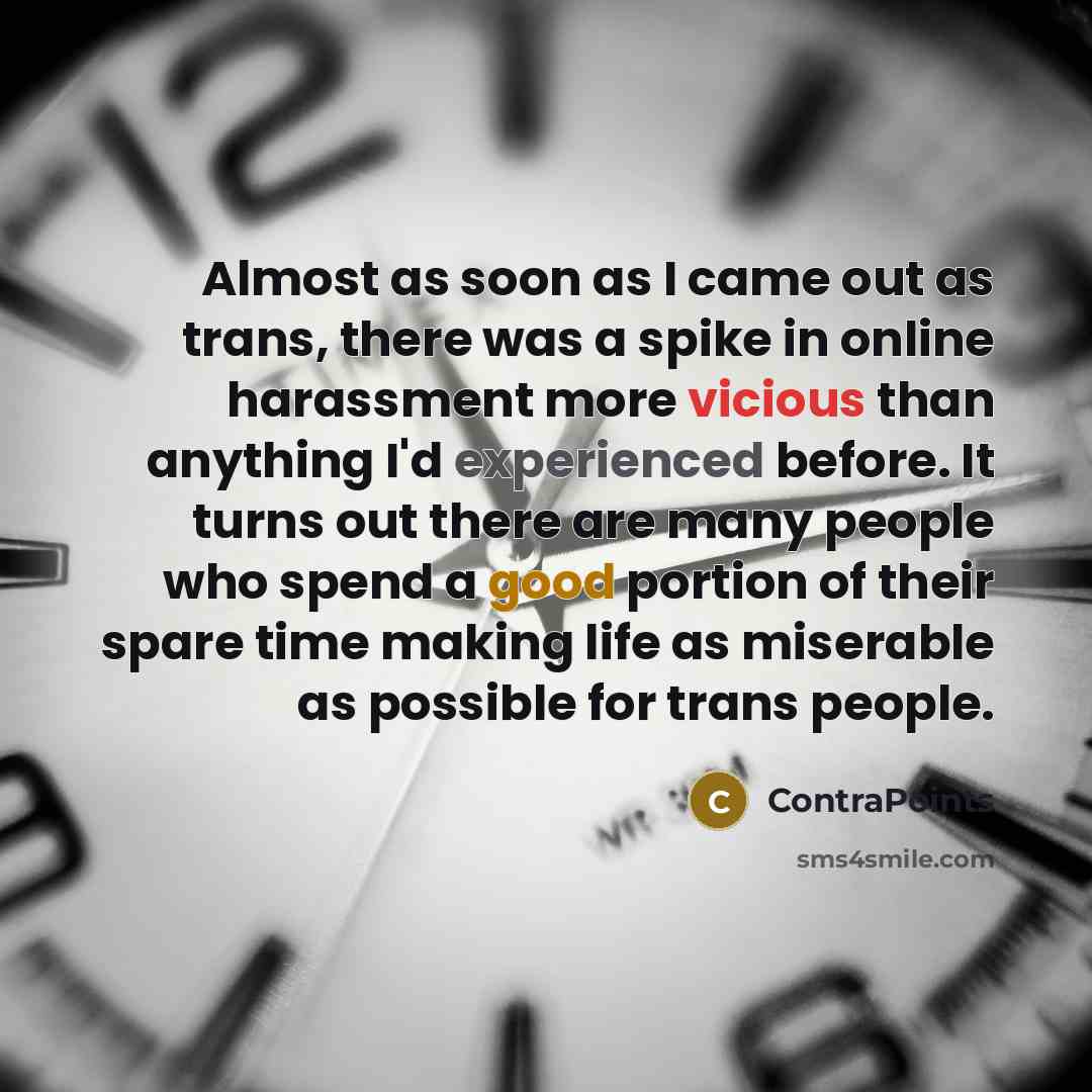 “Almost as soon as I came out as trans, there was a spike in online harassment more vicious than anything I'd experienced before. It turns out there are many people who spend a good portion of their spare time making life as miserable as possible for trans people.” quote by ContraPoints