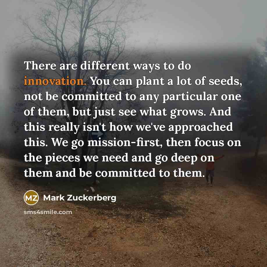 “There are different ways to do innovation. You can plant a lot of seeds, not be committed to any particular one of them, but just see what grows. And this really isn't how we've approached this. We go mission-first, then focus on the pieces we need and go deep on them and be committed to them.” quote by Mark Zuckerberg