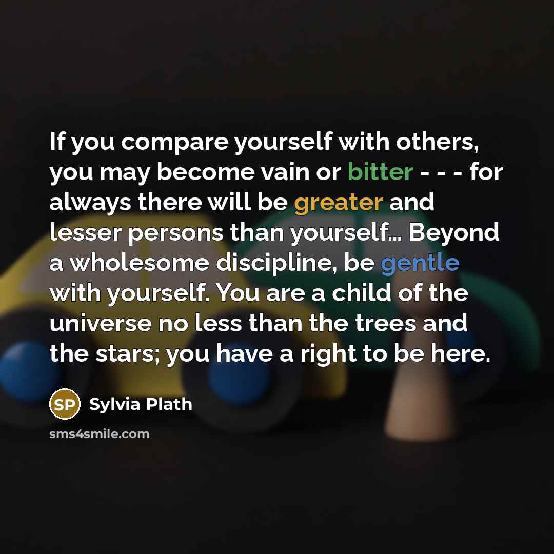 “If you compare yourself with others, you may become vain or bitter - - - for always there will be greater and lesser persons than yourself… Beyond a wholesome discipline, be gentle with yourself. You are a child of the universe no less than the trees and the stars; you have a right to be here.” quote by Sylvia Plath