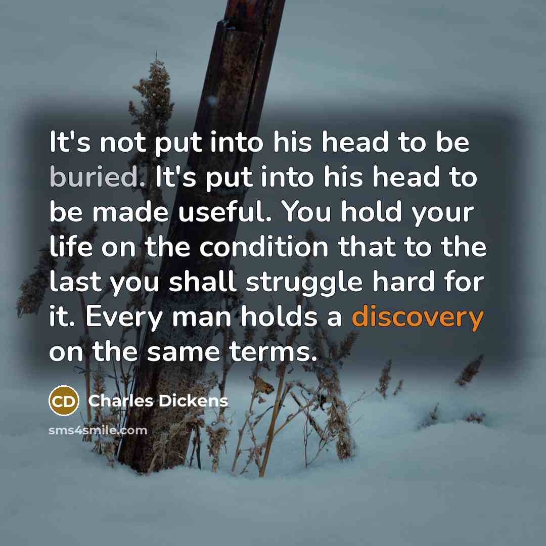 “It's not put into his head to be buried. It's put into his head to be made useful. You hold your life on the condition that to the last you shall struggle hard for it. Every man holds a discovery on the same terms.” quote by Charles Dickens