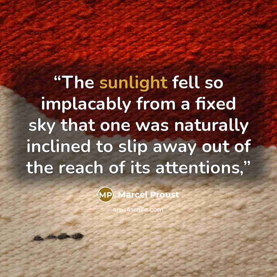 “The sunlight fell so implacably from a fixed sky that one was naturally inclined to slip away out of the reach of its attentions,” quote by Marcel Proust