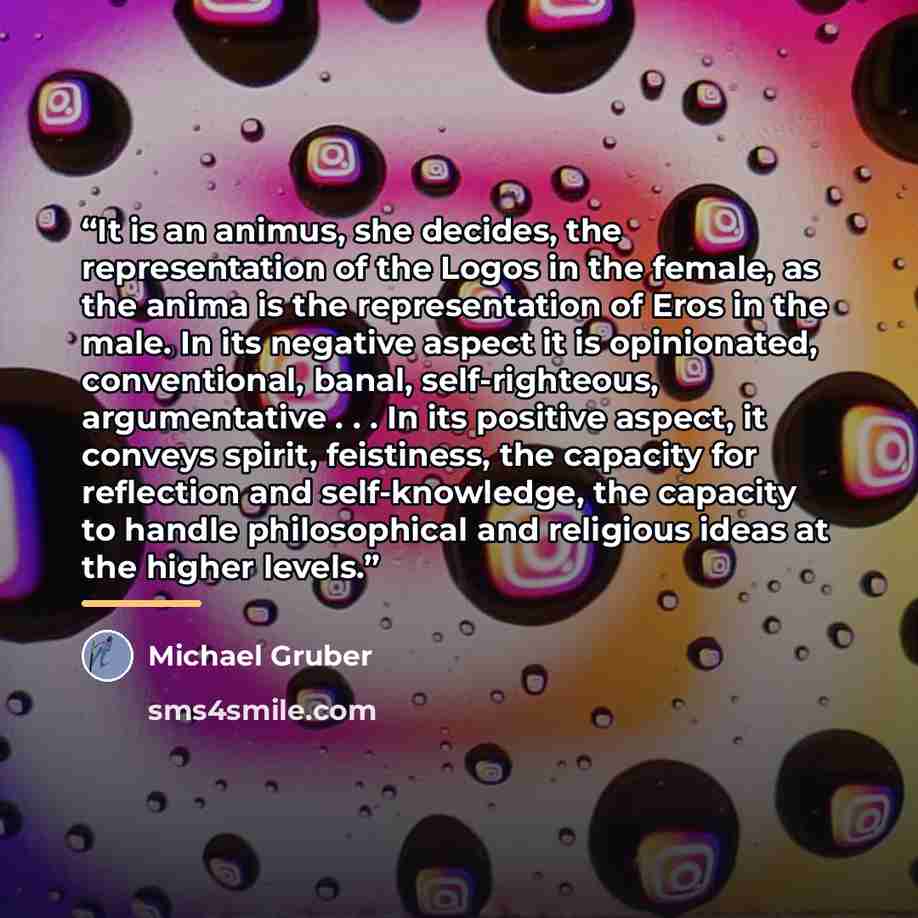 “It is an animus, she decides, the representation of the Logos in the female, as the anima is the representation of Eros in the male. In its negative aspect it is opinionated, conventional, banal, self-righteous, argumentative . . . In its positive aspect, it conveys spirit, feistiness, the…” quote by Michael Gruber