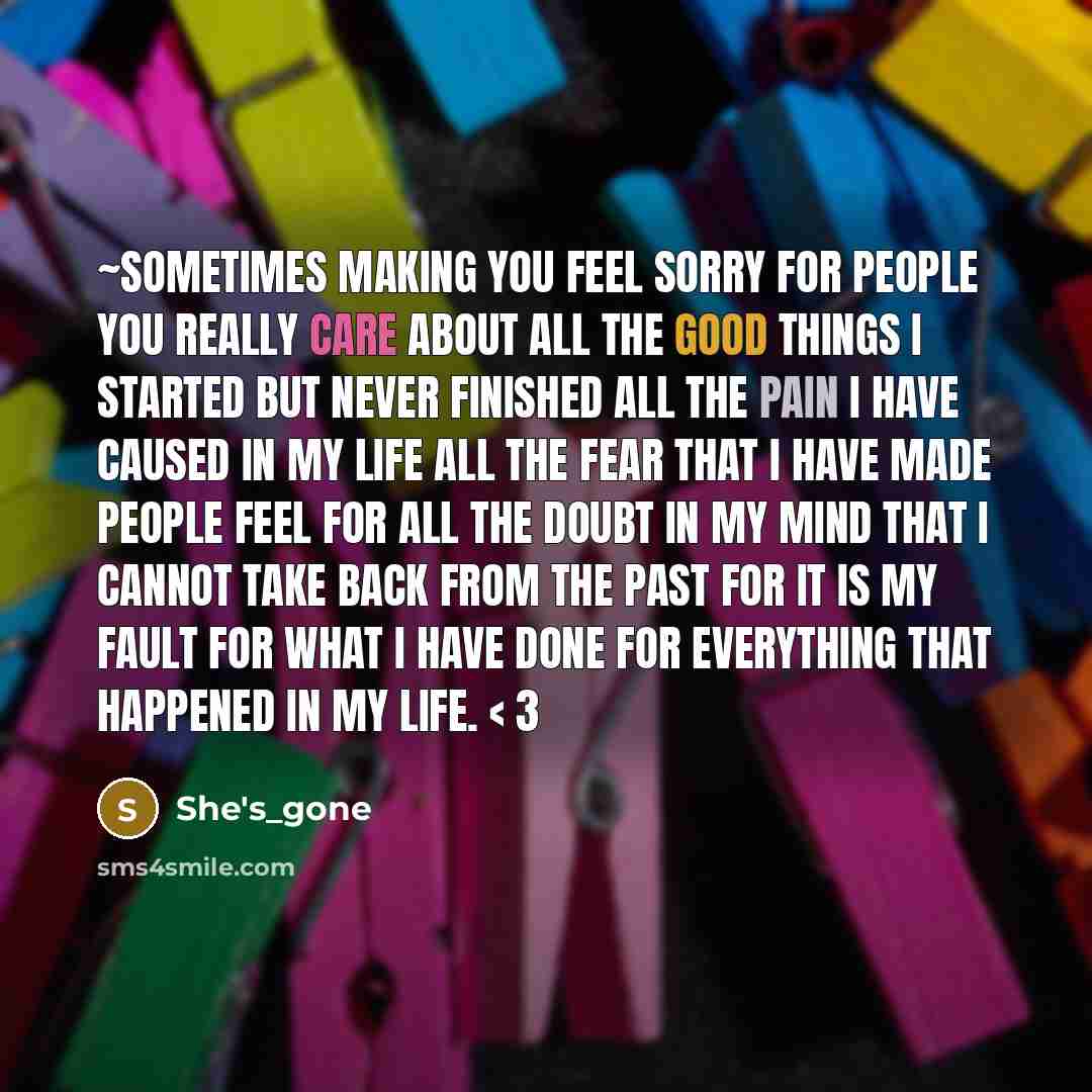 “~Sometimes making you feel sorry for people you really care about all the good things I started but never finished all the pain I have caused in my life all the fear that I have made people feel for all the doubt in my mind that I cannot take back from the past for it is my FAULT for what I have…” quote by She's_gone