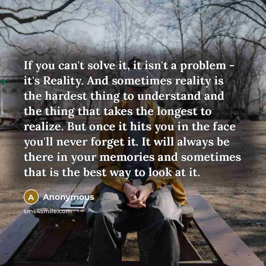 “If you can't solve it, it isn't a problem - it's Reality. And sometimes reality is the hardest thing to understand and the thing that takes the longest to realize. But once it hits you in the face you'll never forget it. It will always be there in your memories and sometimes that is the best way…” quote by Anonymous