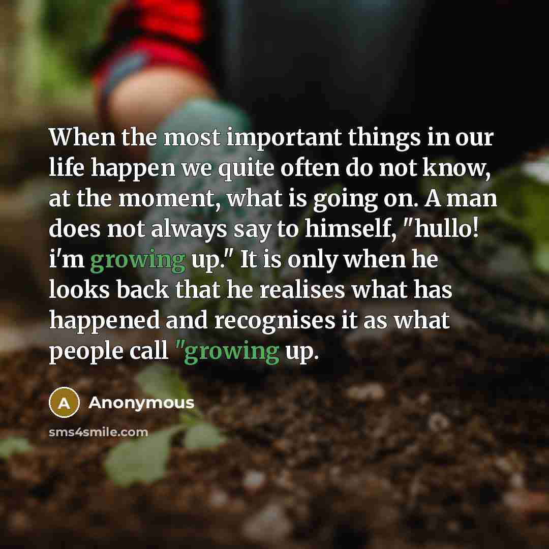 “When the most important things in our life happen we quite often do not know, at the moment, what is going on. A man does not always say to himself, "hullo! i'm growing up." It is only when he looks back that he realises what has happened and recognises it as what people call "growing up.” quote by Anonymous