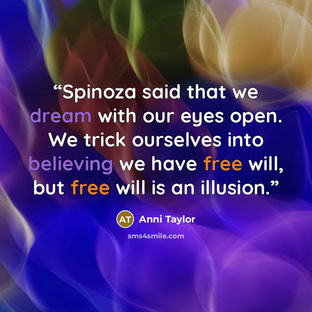 “Spinoza said that we dream with our eyes open. We trick ourselves into believing we have free will, but free will is an illusion.” quote by Anni Taylor