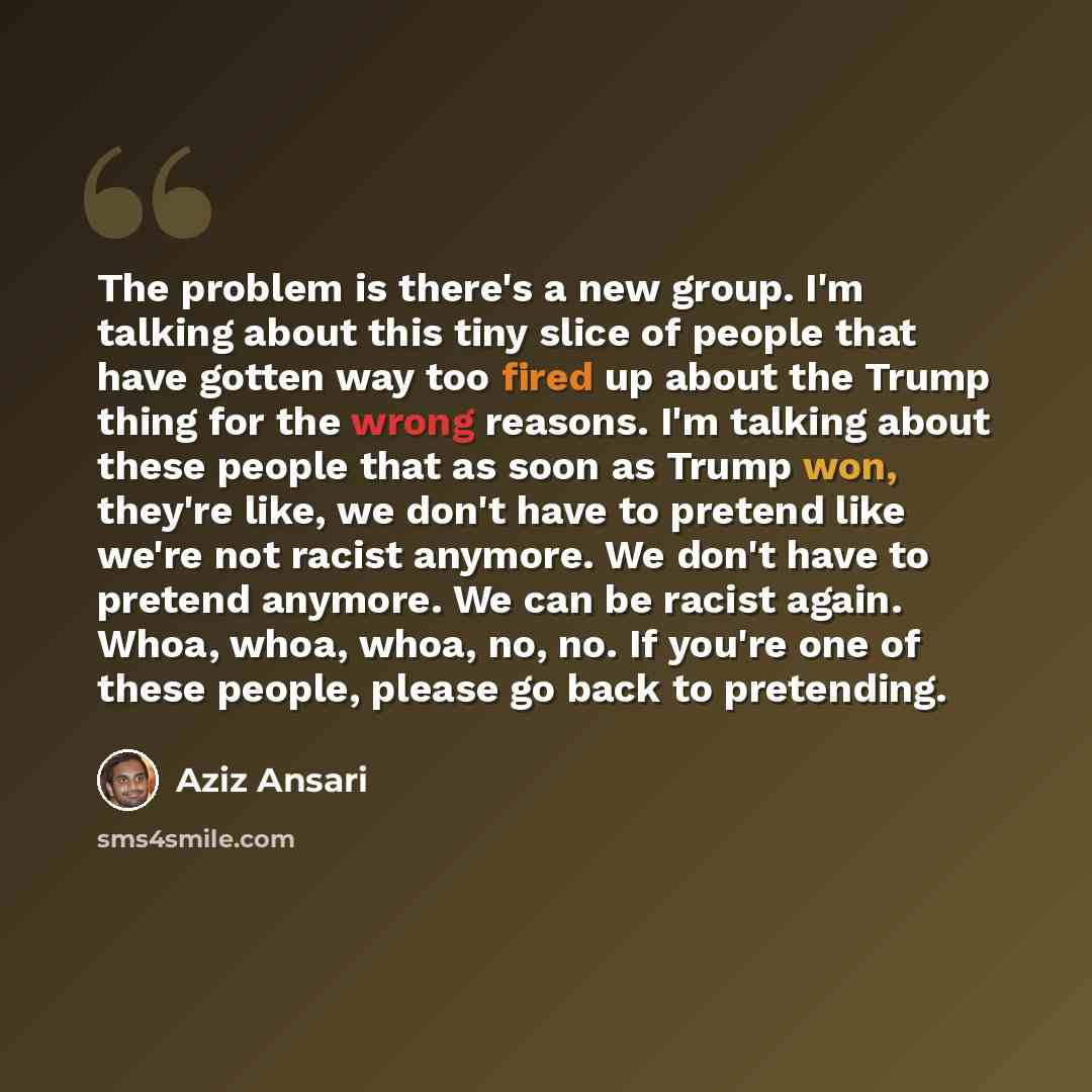 “The problem is there's a new group. I'm talking about this tiny slice of people that have gotten way too fired up about the Trump thing for the wrong reasons. I'm talking about these people that as soon as Trump won, they're like, we don't have to pretend like we're not racist anymore. We don't…” quote by Aziz Ansari