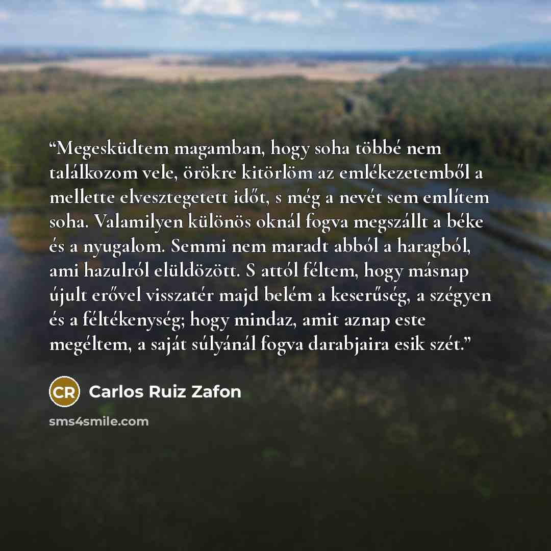 “Megesküdtem magamban, hogy soha többé nem találkozom vele, örökre kitörlöm az emlékezetemből a mellette elvesztegetett időt, s még a nevét sem említem soha. Valamilyen különös oknál fogva megszállt a béke és a nyugalom. Semmi nem maradt abból a haragból, ami hazulról elüldözött. S attól féltem…” quote by Carlos Ruiz Zafón