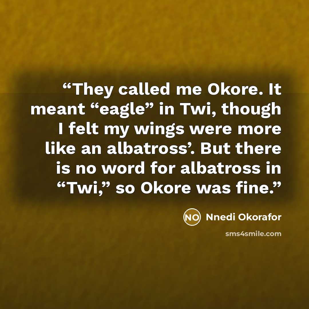 “They called me Okore. It meant “eagle” in Twi, though I felt my wings were more like an albatross’. But there is no word for albatross in “Twi,” so Okore was fine.” quote by Nnedi Okorafor
