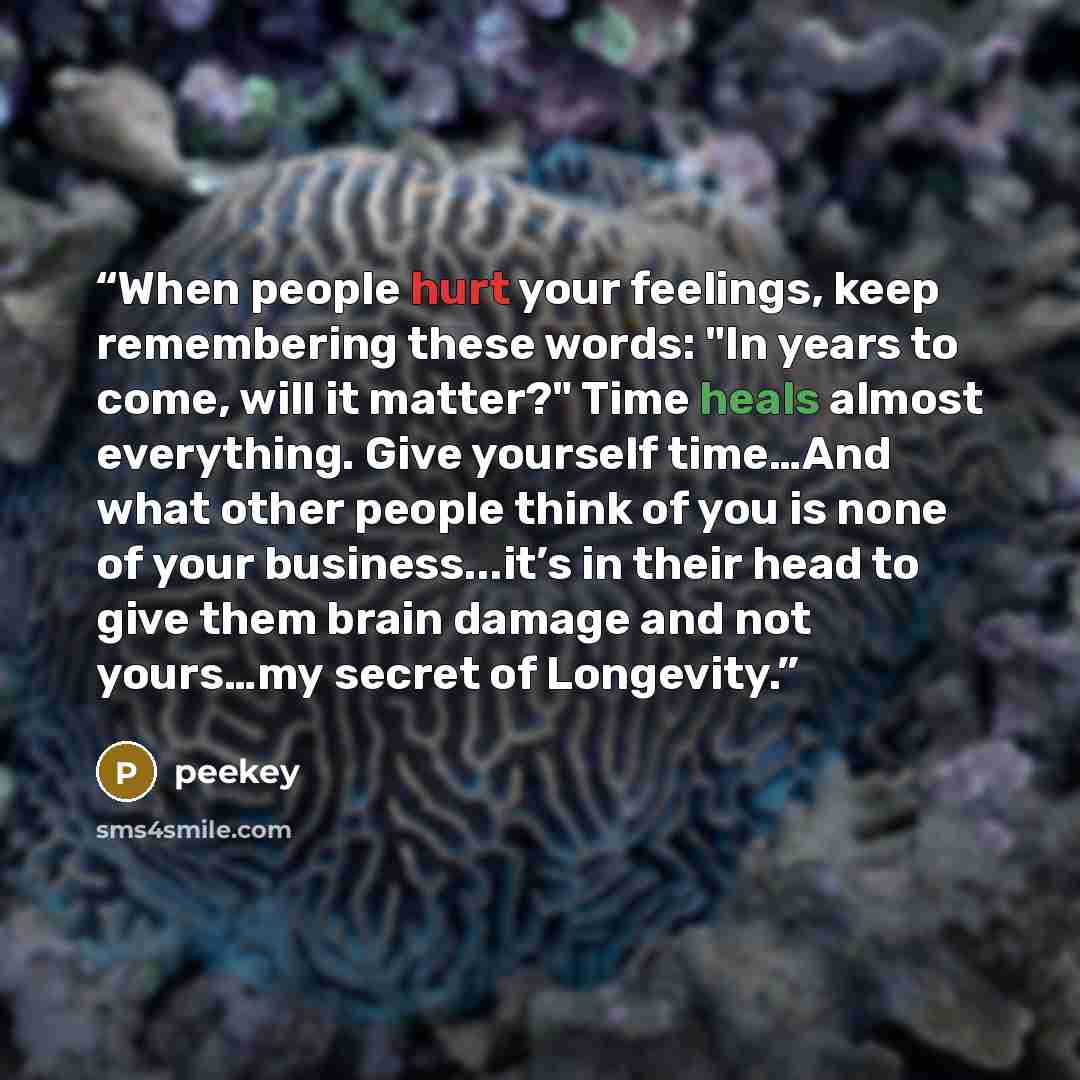 “When people hurt your feelings, keep remembering these words: "In years to come, will it matter?" Time heals almost everything. Give yourself time…And what other people think of you is none of your business...it’s in their head to give them brain damage and not yours…my secret of Longevity.” quote by peekey