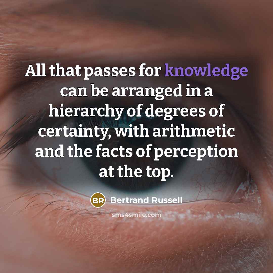 “All that passes for knowledge can be arranged in a hierarchy of degrees of certainty, with arithmetic and the facts of perception at the top.” quote by Bertrand Russell