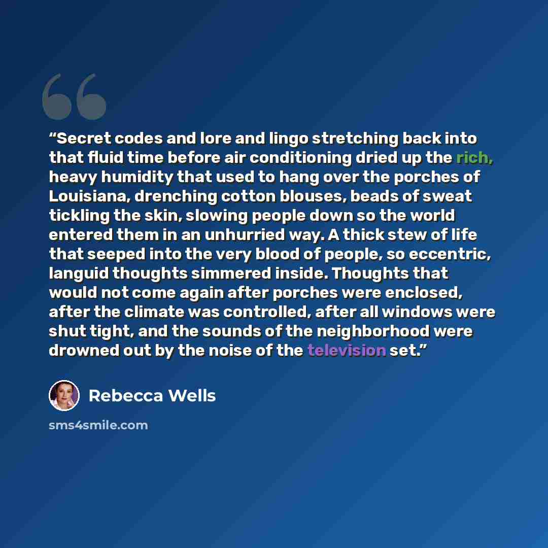 “Secret codes and lore and lingo stretching back into that fluid time before air conditioning dried up the rich, heavy humidity that used to hang over the porches of Louisiana, drenching cotton blouses, beads of sweat tickling the skin, slowing people down so the world entered them in an unhurried…” quote by Rebecca Wells