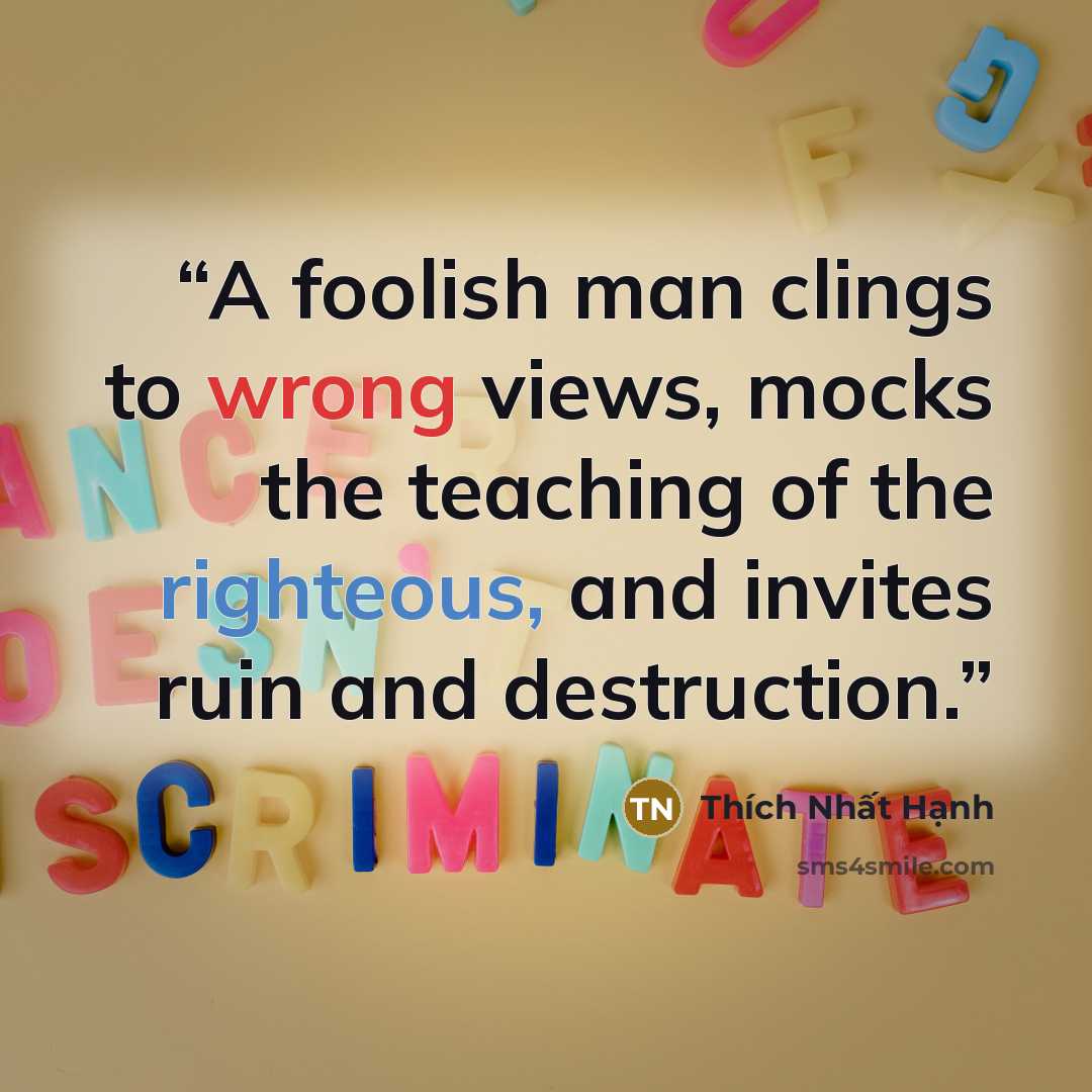 “A foolish man clings to wrong views, mocks the teaching of the righteous, and invites ruin and destruction.” quote by Thích Nhất Hạnh
