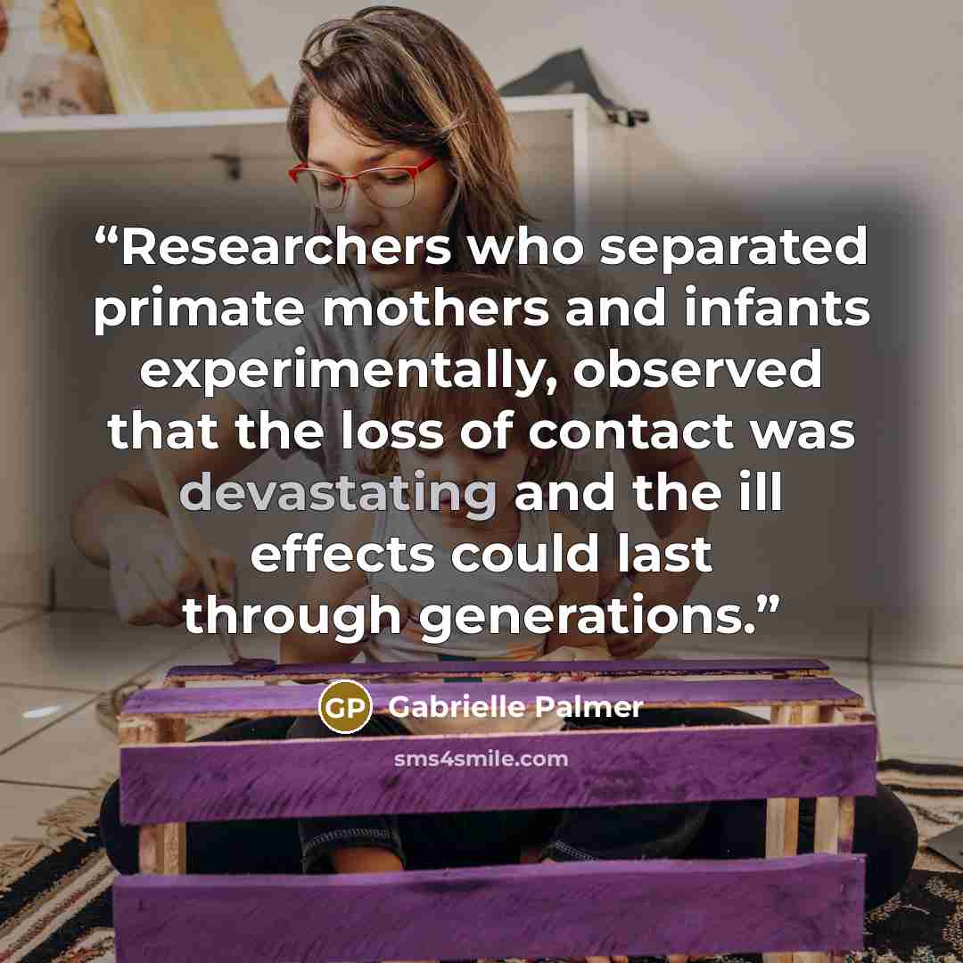 “Researchers who separated primate mothers and infants experimentally, observed that the loss of contact was devastating and the ill effects could last through generations.” quote by Gabrielle Palmer