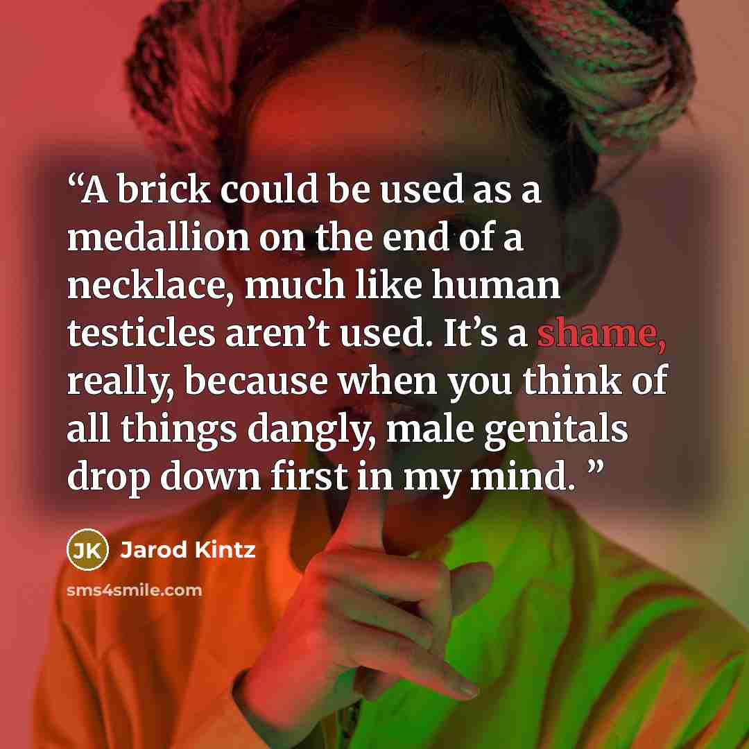 “A brick could be used as a medallion on the end of a necklace, much like human testicles aren’t used. It’s a shame, really, because when you think of all things dangly, male genitals drop down first in my mind.” quote by Jarod Kintz
