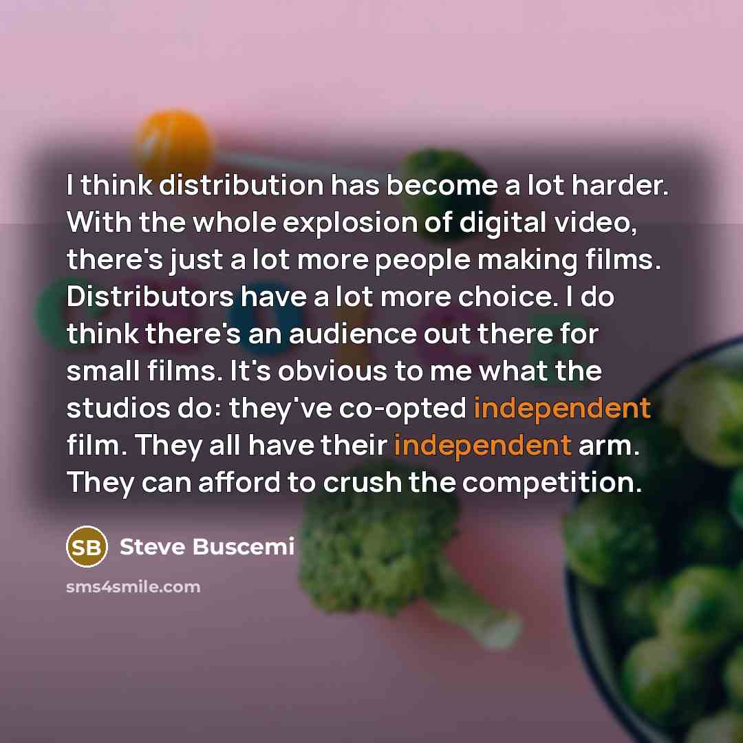 “I think distribution has become a lot harder. With the whole explosion of digital video, there's just a lot more people making films. Distributors have a lot more choice. I do think there's an audience out there for small films. It's obvious to me what the studios do: they've co-opted independent…” quote by Steve Buscemi