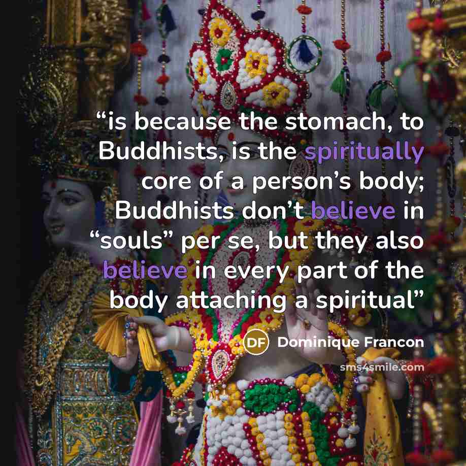 “is because the stomach, to Buddhists, is the spiritually core of a person’s body; Buddhists don’t believe in “souls” per se, but they also believe in every part of the body attaching a spiritual” quote by Dominique Francon