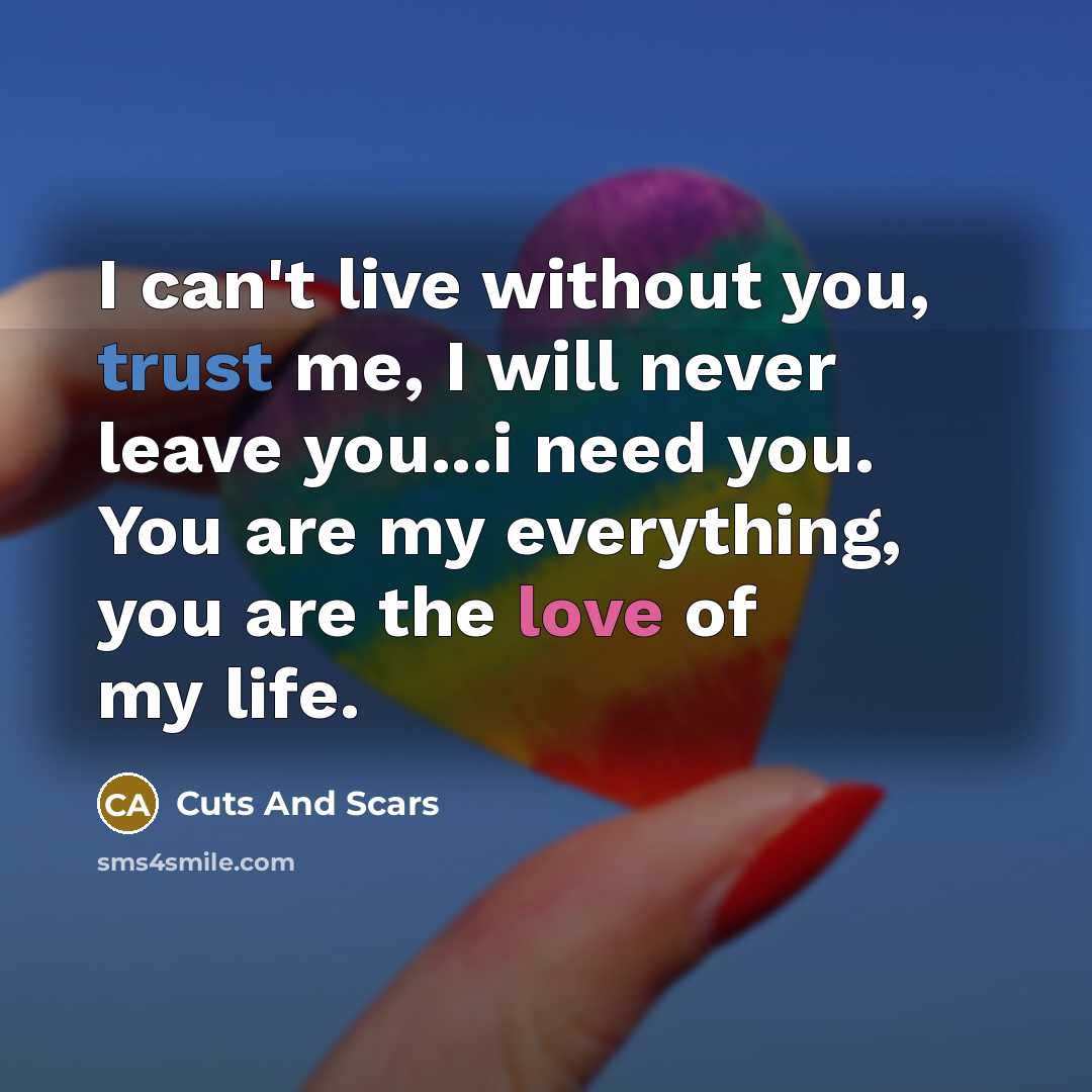 “I can't live without you, trust me, I will never leave you...i need you. You are my everything, you are the love of my life.” quote by Cuts And Scars