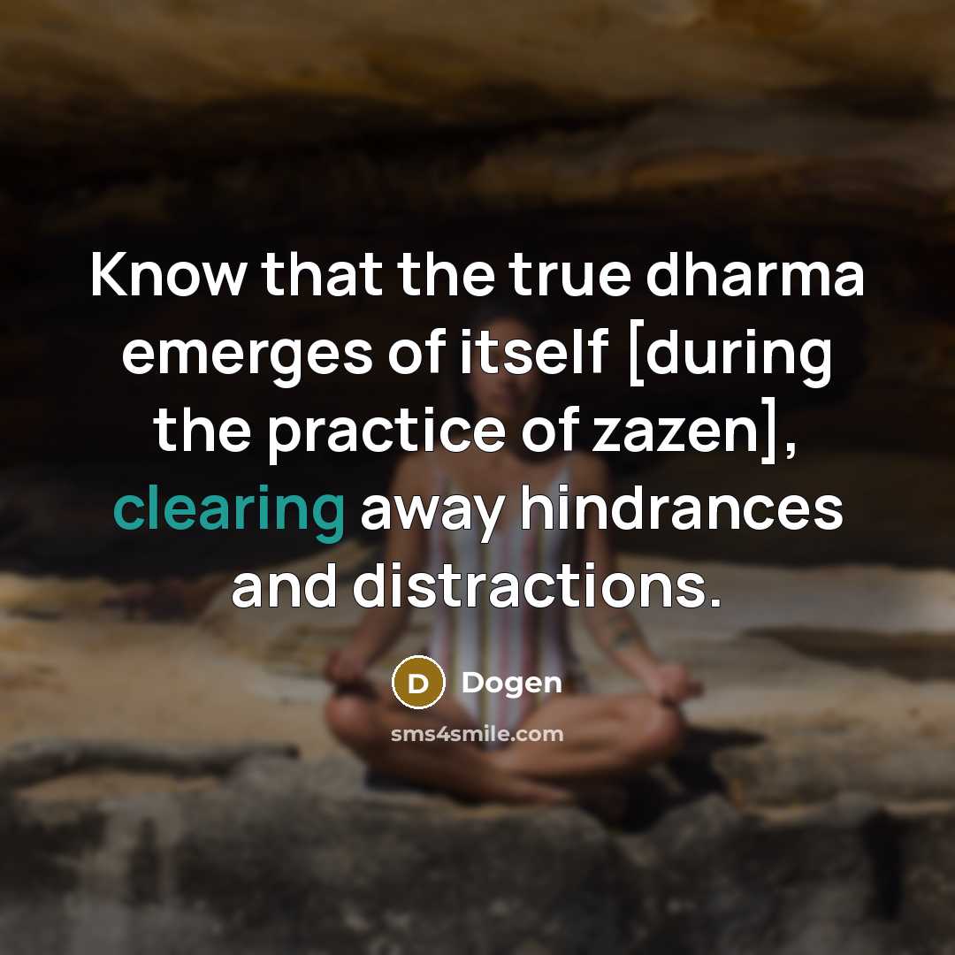 “Know that the true dharma emerges of itself [during the practice of zazen], clearing away hindrances and distractions.” quote by Dogen