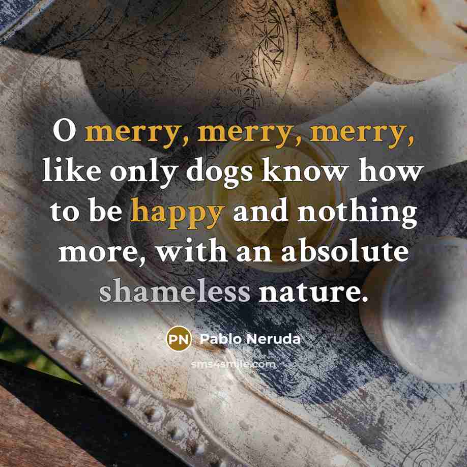 “O merry, merry, merry, like only dogs know how to be happy and nothing more, with an absolute shameless nature.” quote by Pablo Neruda