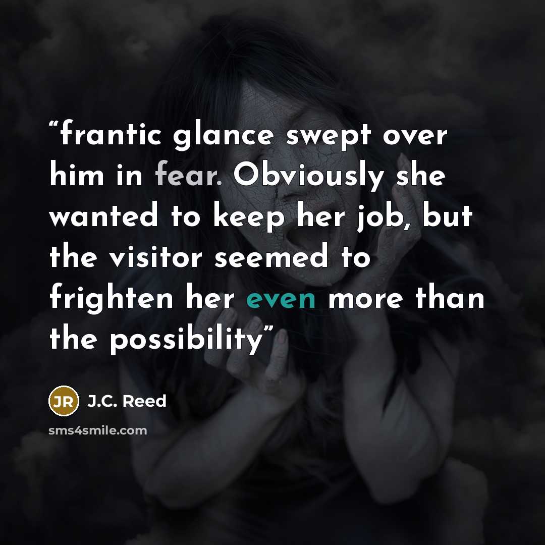 “frantic glance swept over him in fear. Obviously she wanted to keep her job, but the visitor seemed to frighten her even more than the possibility” quote by J.C. Reed