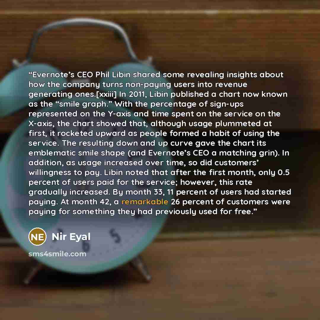 “Evernote’s CEO Phil Libin shared some revealing insights about how the company turns non-paying users into revenue generating ones.[xxiii] In 2011, Libin published a chart now known as the “smile graph.” With the percentage of sign-ups represented on the Y-axis and time spent on the service on the…” quote by Nir Eyal