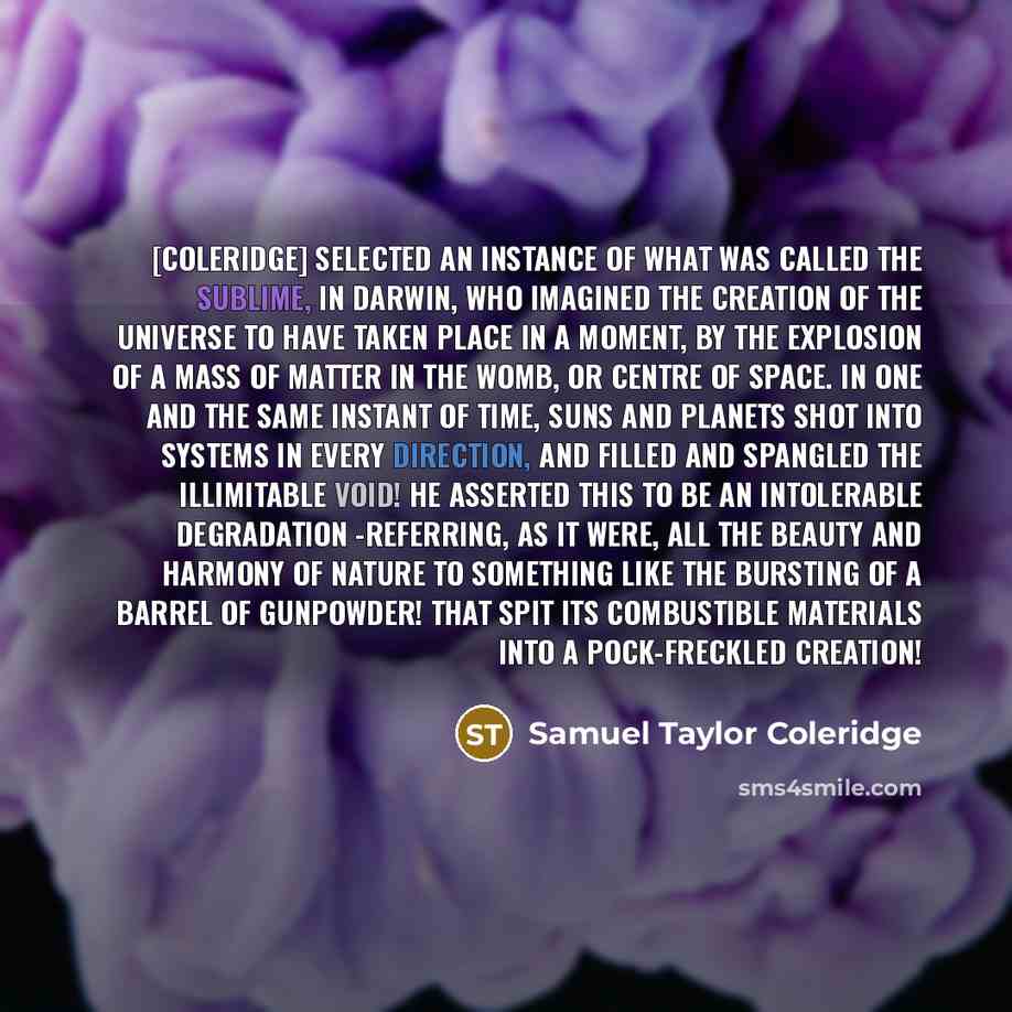 “[Coleridge] selected an instance of what was called the sublime, in DARWIN, who imagined the creation of the universe to have taken place in a moment, by the explosion of a mass of matter in the womb, or centre of space. In one and the same instant of time, suns and planets shot into systems in…” quote by Samuel Taylor Coleridge