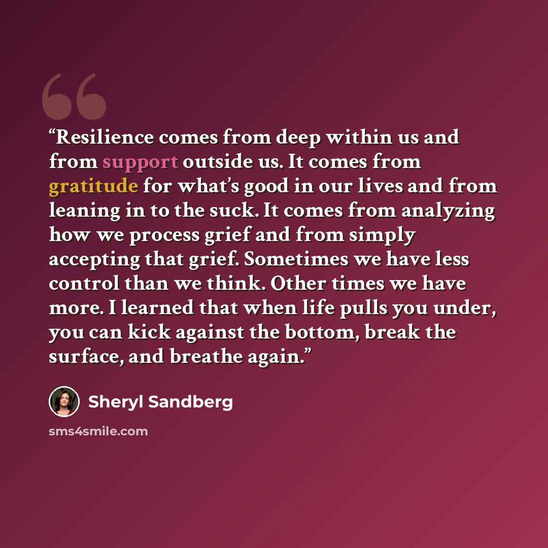 “Resilience comes from deep within us and from support outside us. It comes from gratitude for what’s good in our lives and from leaning in to the suck. It comes from analyzing how we process grief and from simply accepting that grief. Sometimes we have less control than we think. Other times we…” quote by Sheryl Sandberg