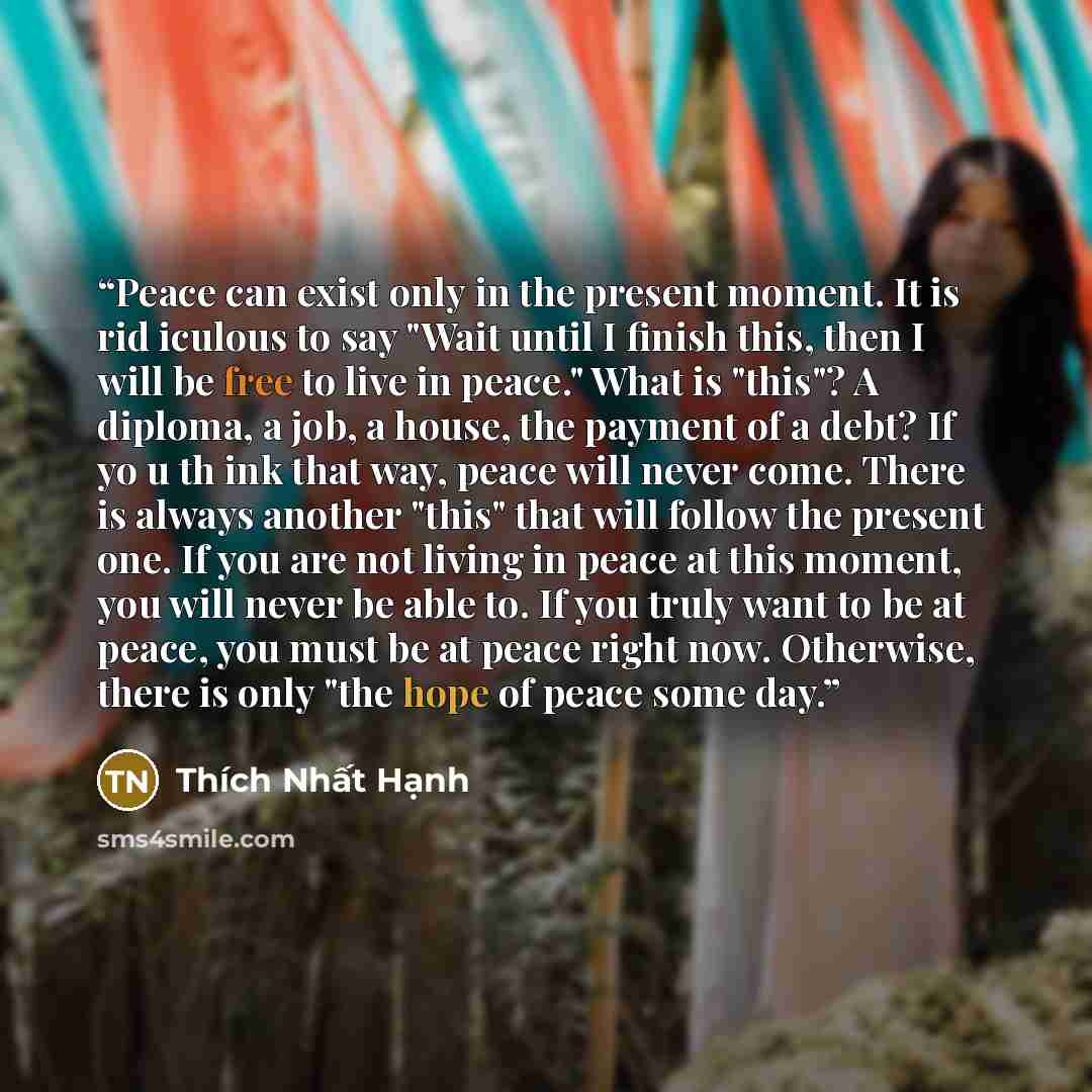 “Peace can exist only in the present moment. It is rid iculous to say "Wait until I finish this, then I will be free to live in peace." What is "this"? A di­ploma, a job, a house, the payment of a debt? If yo u th ink that way, peace will never come. There is always another "this" that will follow…” quote by Thich Nhat Hanh