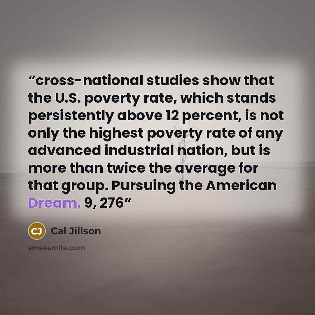 “cross-national studies show that the U.S. poverty rate, which stands persistently above 12 percent, is not only the highest poverty rate of any advanced industrial nation, but is more than twice the average for that group. Pursuing the American Dream, 9, 276” quote by Cal Jillson