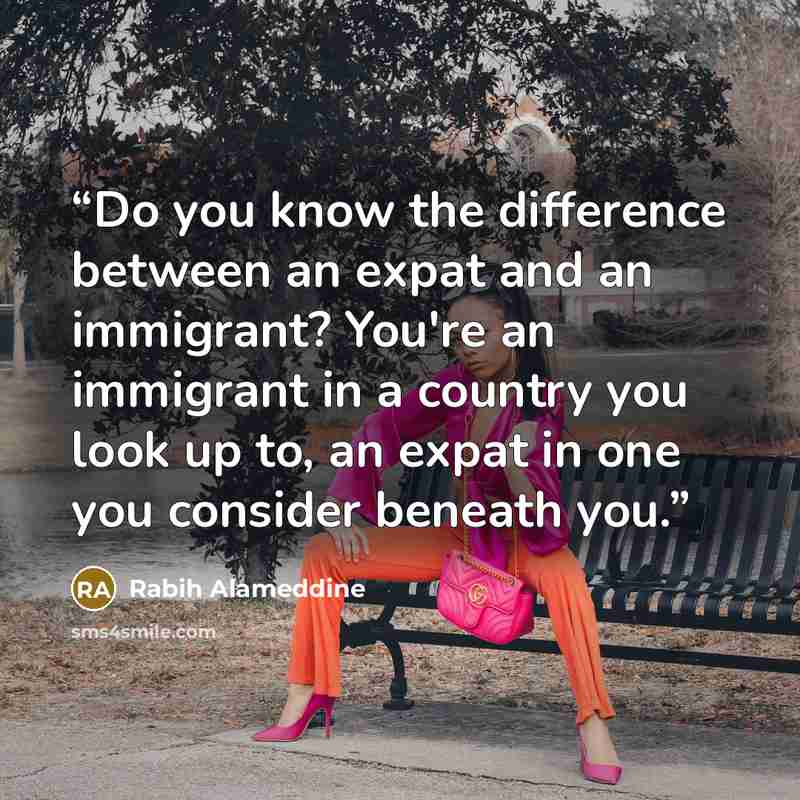 “Do you know the difference between an expat and an immigrant? You're an immigrant in a country you look up to, an expat in one you consider beneath you.” quote by Rabih Alameddine
