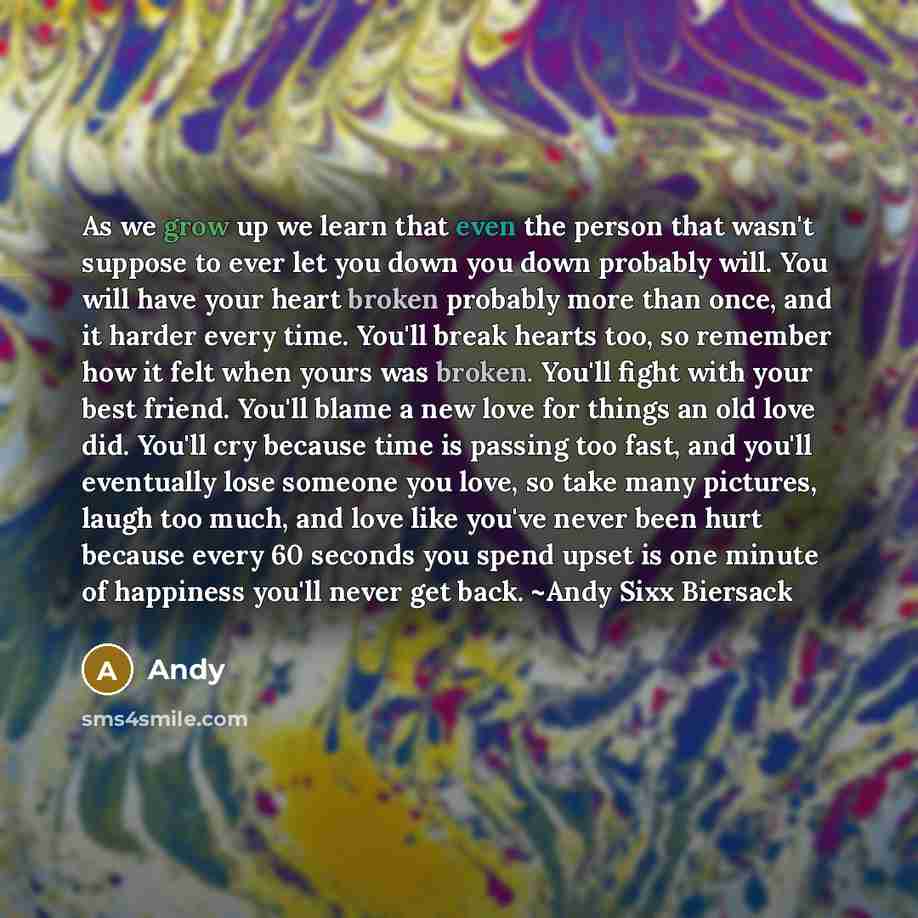 “As we grow up we learn that even the person that wasn't suppose to ever let you down you down probably will. You will have your heart broken probably more than once, and it harder every time. You'll break hearts too, so remember how it felt when yours was broken. You'll fight with your best…” quote by Andy