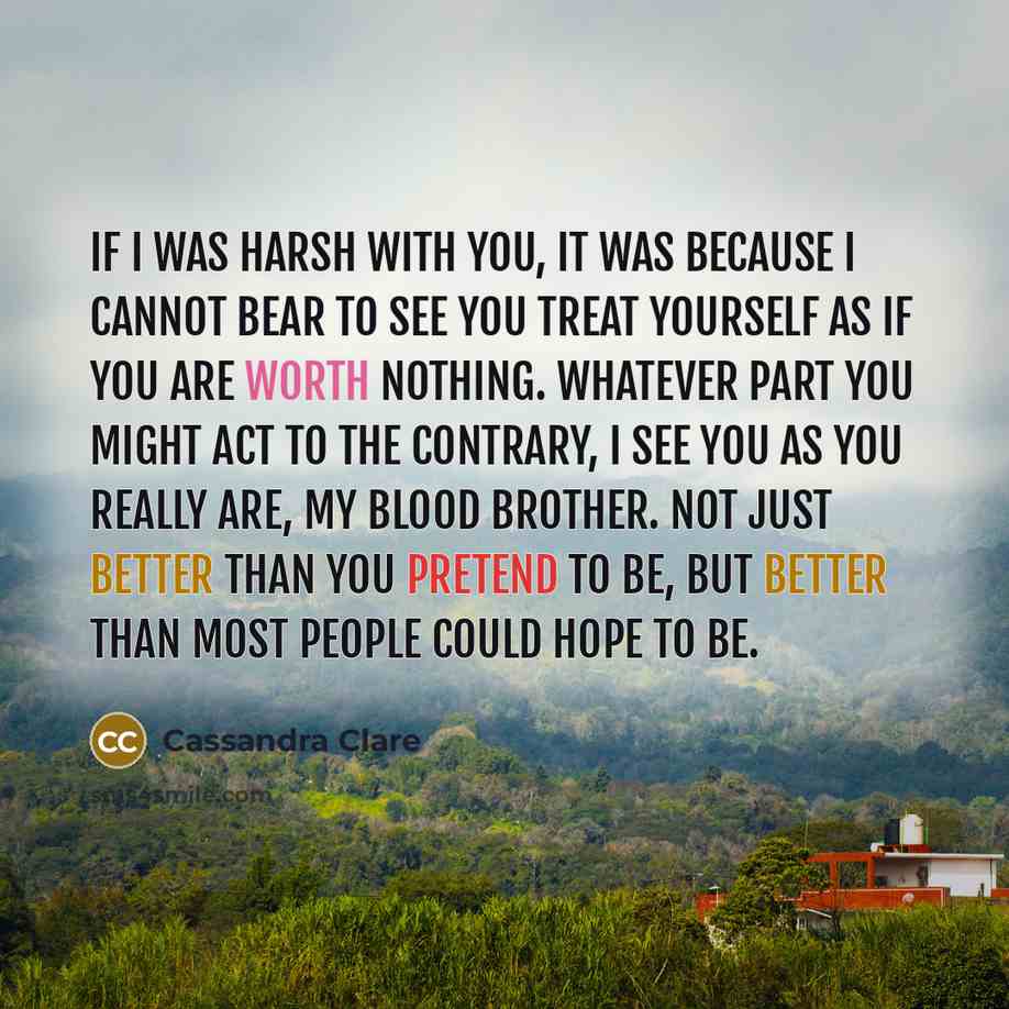 “If I was harsh with you, it was because I cannot bear to see you treat yourself as if you are worth nothing. Whatever part you might act to the contrary, I see you as you really are, my blood brother. Not just better than you pretend to be, but better than most people could hope to be.” quote by Cassandra Clare