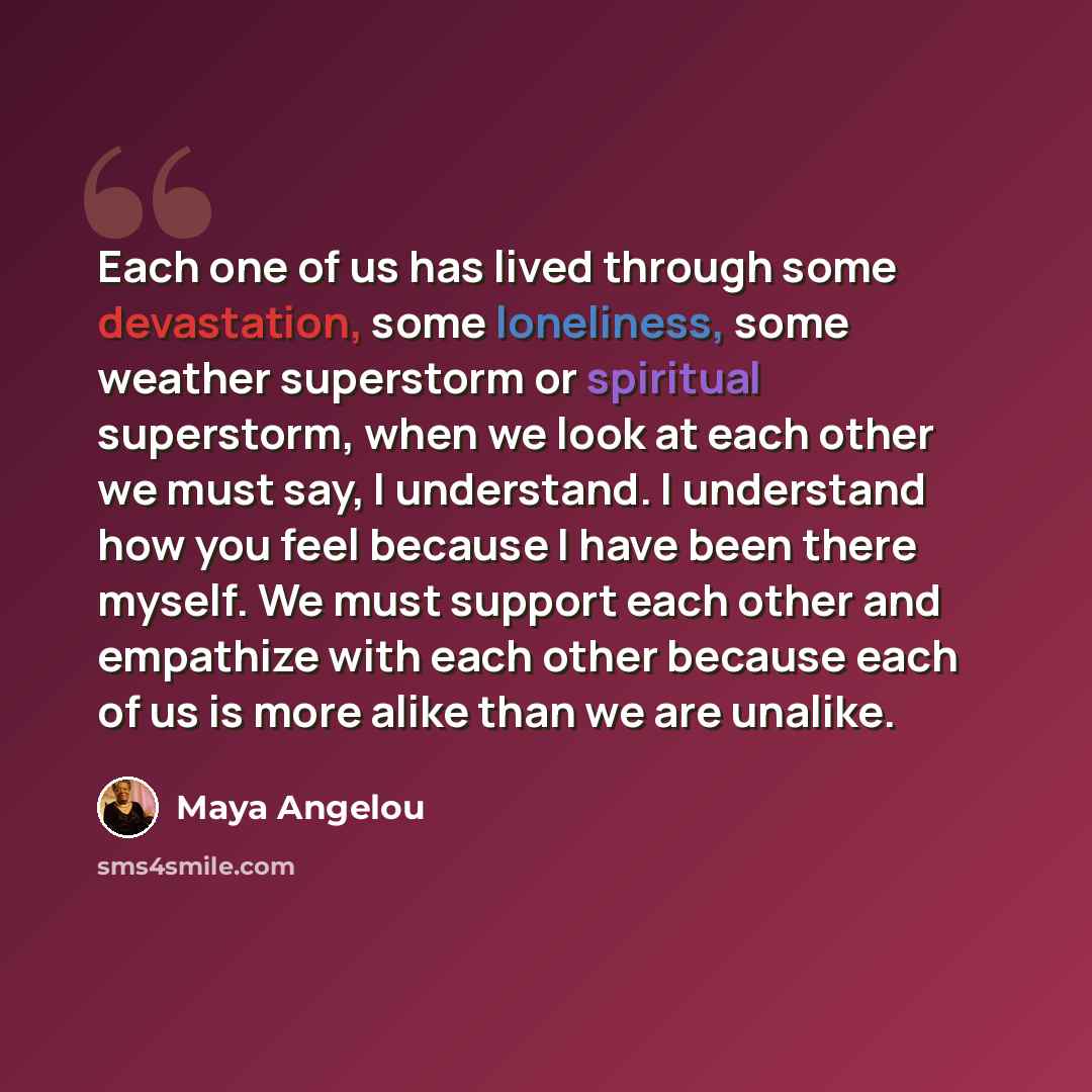 “Each one of us has lived through some devastation, some loneliness, some weather superstorm or spiritual superstorm, when we look at each other we must say, I understand. I understand how you feel because I have been there myself. We must support each other and empathize with each other because…” quote by Maya Angelou
