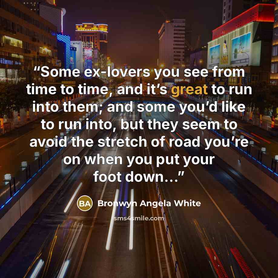 “Some ex-lovers you see from time to time, and it’s great to run into them; and some you’d like to run into, but they seem to avoid the stretch of road you’re on when you put your foot down...” quote by Bronwyn Angela White