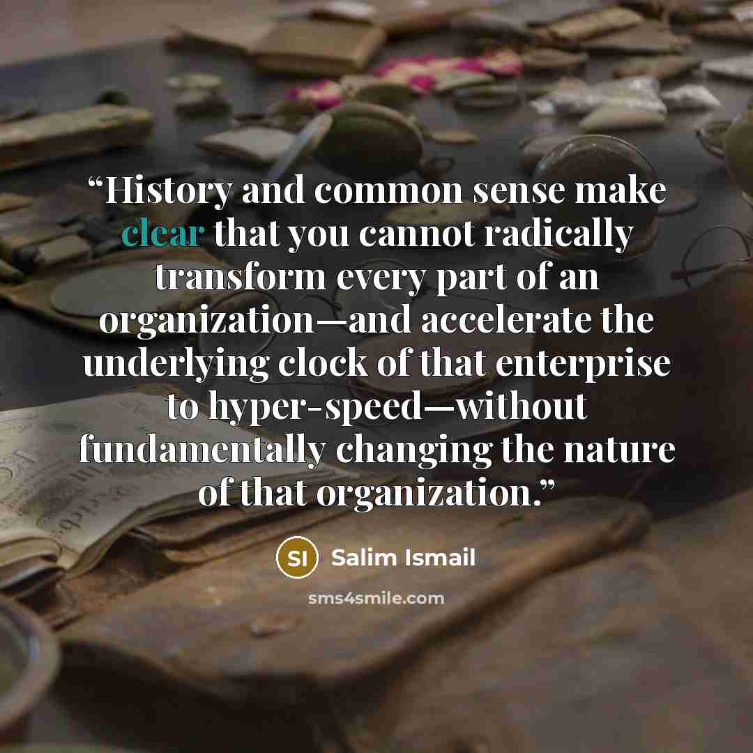“History and common sense make clear that you cannot radically transform every part of an organization—and accelerate the underlying clock of that enterprise to hyper-speed—without fundamentally changing the nature of that organization.” quote by Salim Ismail